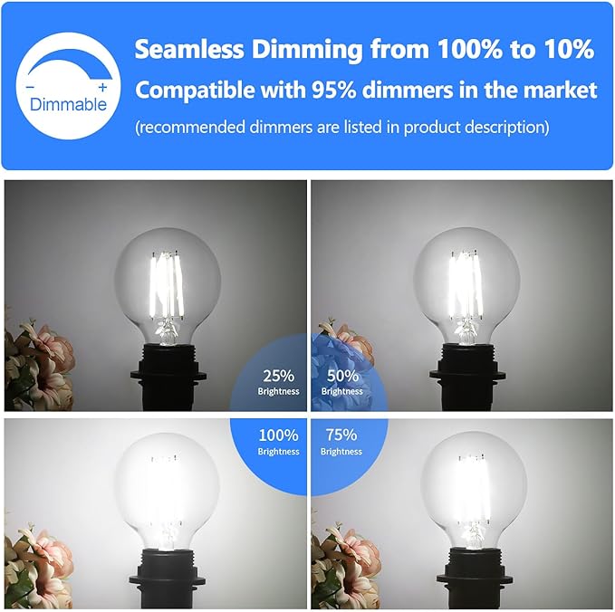G25 LED Globe Light Bulbs, Dimmable Edison Filament Vanity Light Bulbs, 8W 100W Equivalent, 1200 Lumens Bright, 5000K Daylight White, E26 Medium Base Clear Glass for Bathroom Vanity Mirror, 4 Pack