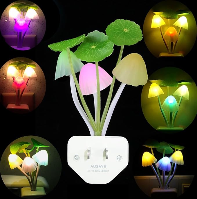 AUSAYE Color Change Led Night Light w/Smart Sensor, Plug-in Night Lights for Kids Adults Cute Mushroom Night Light Lamp Bedroom Home Decor Light Wall Lamps NightLight