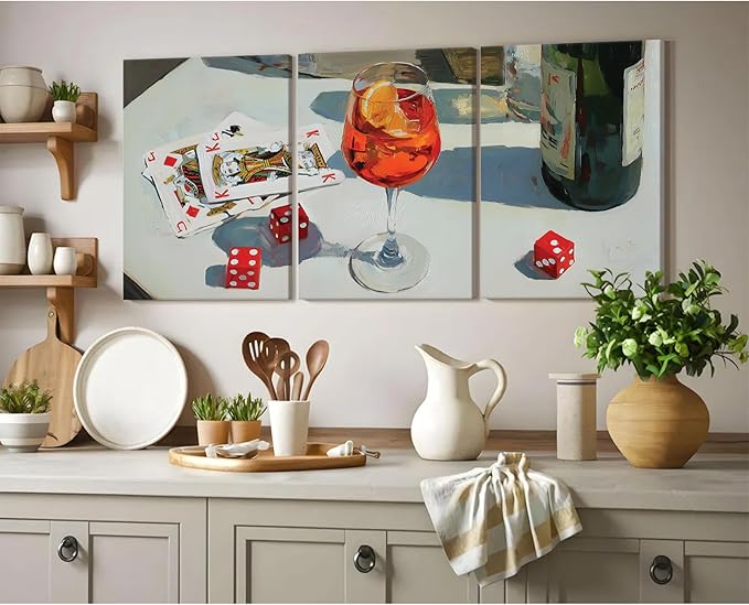 Trendy Bar Cart Wall Art Retro Dice Poker Canvas Wall Decor Preppy Aesthetic Poster Y2k Aperol Spritz Prints Playing Card Pictures for Living Room Apartment Dorm 12x16 Inch Ready to Hang Set of 3