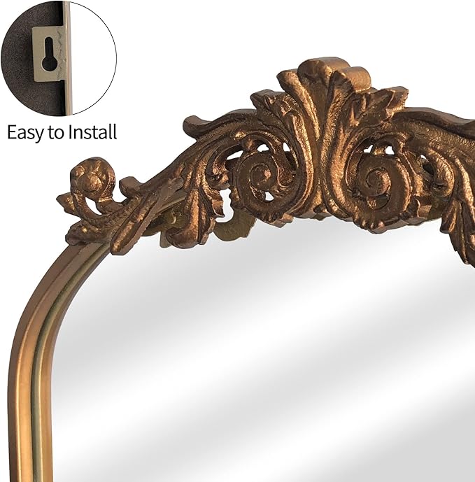 HQiJun Wall Mirror Window Decorative Traditional Vintage Ornate Baroque Mirrors Antique Arched Farmhouse for Living Room Bedroom Entryway Bathroom Vanity (27 * 19 * 1.2, Gold)