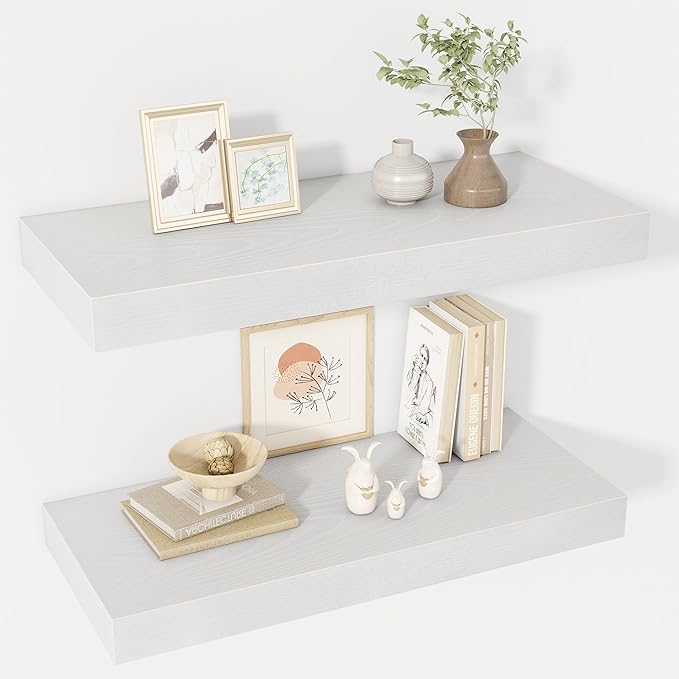 Acovy 24 Inch Floating Shelves, 12" Deep Floating Shelf Wall Mounted, 24" Wall Shelves, Rustic Deep Bookshelf, Extra Deeper & Thicker Display Shelves for Bedroom, Living Room, White, Set of 2