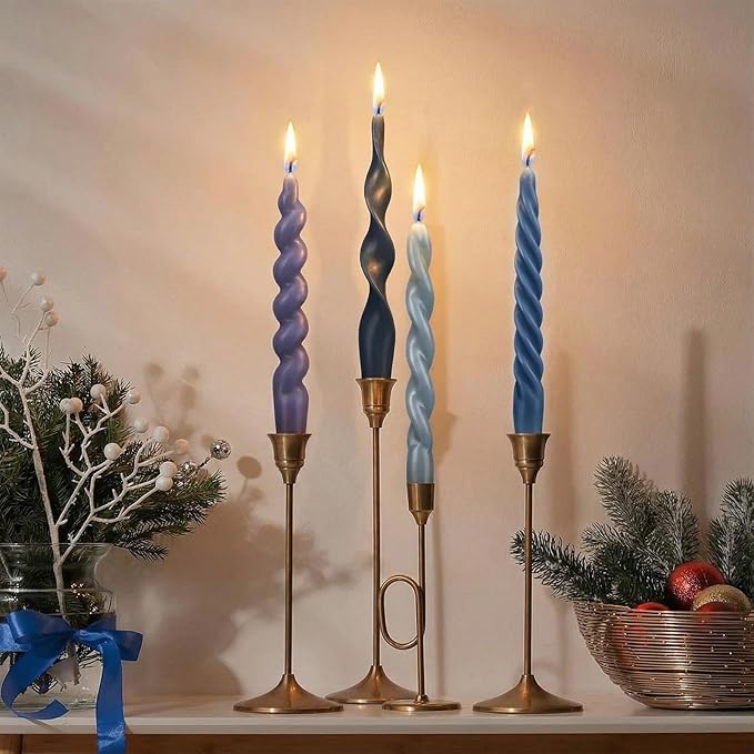 Nuanchu 4 Pcs Twisted Taper Candles Wax Unscented Smokeless Spiral Swirl Candlesticks for Wedding Holiday Dinner Party Home Decorations(7.87 Inch,Pure,Blue)