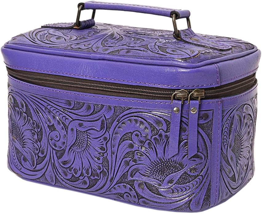 American Darling Western Hand Tooled Leather Jewelry Case | Handcrafted Travel Makeup Bag with Handle and Divided Interior
