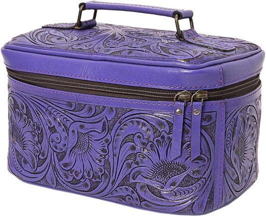 American Darling Western Hand Tooled Leather Jewelry Case | Handcrafted Travel Makeup Bag with Handle and Divided Interior