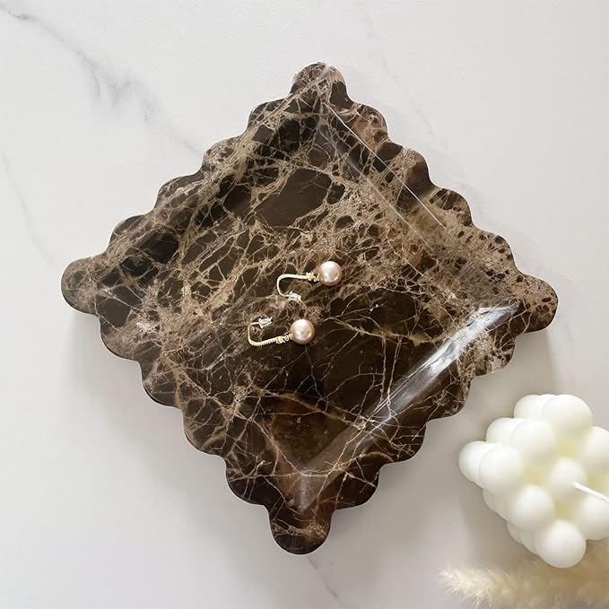 Vintage Natural Marble Tray Small Ornaments Scalloped Tray Handmade Storage Dish for Counter, Vanity, Dresser, Nightstand and Desk (Coffee Net)
