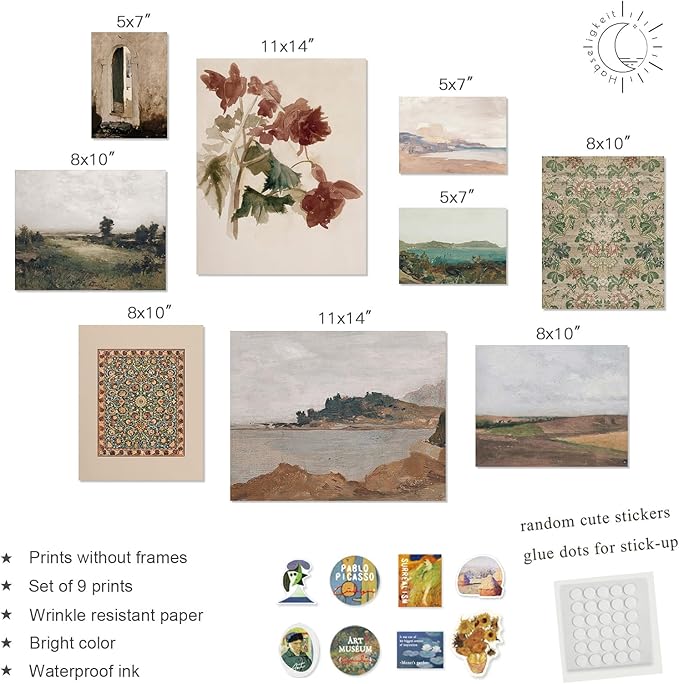 Habseligkeit Retro Prints for Wall Decor, Vintage Wall Art Prints,Aesthetic Landscape Home Decor Unframed, Set of 9