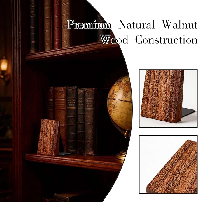 Natural Walnut Wood Bookends for Shelves – Heavy Duty Book Organizer