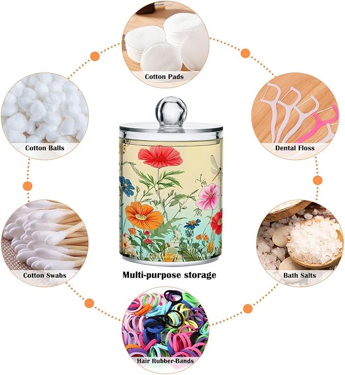 2 Pack Qtip Holder Dispenser for Cotton Ball Dragonfly Butterfly Tulip Flower Swab Round Pads Clear Plastic Acrylic Jar Set Bathroom Canister