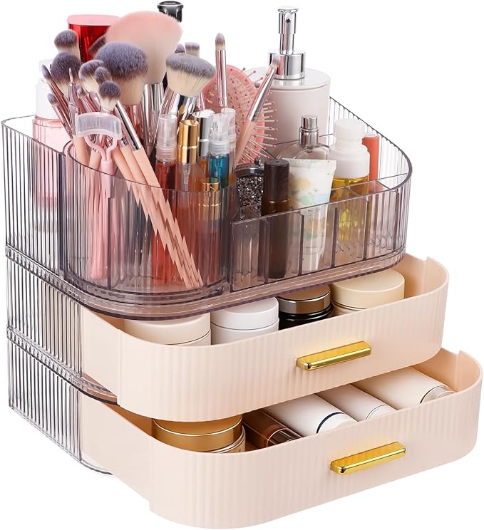 Makeup Organizer, 3 Tiers With Drawers, 360° Rotating Brush Holder, Large Capacity Cosmetic Storage With Clear Top Slots, For Skincare Perfume Lipstick Jewelry