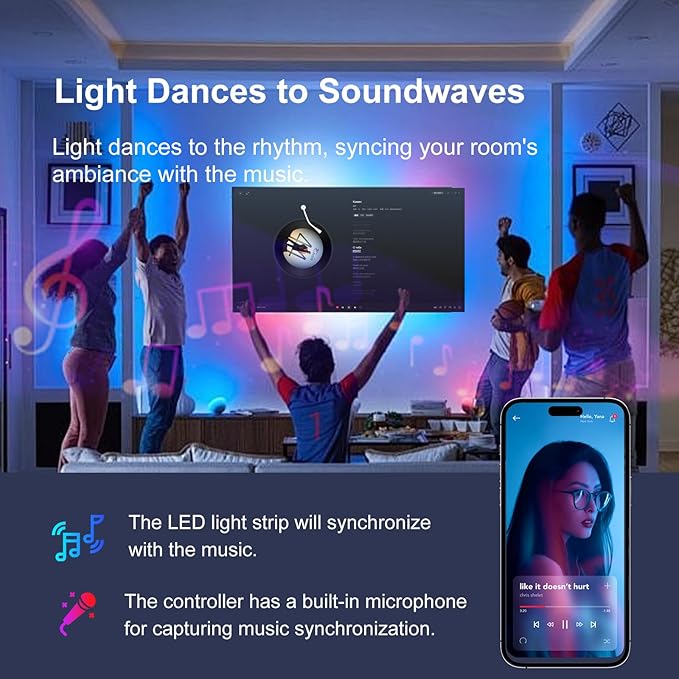 200 FT Led Lights for Bedroom (2 Rolls 100 FT), Music Synchronized Smart Led Strip Lights, Ultra Long with Remote Application Control Bluetooth LED Lights, Color Change RGB Light