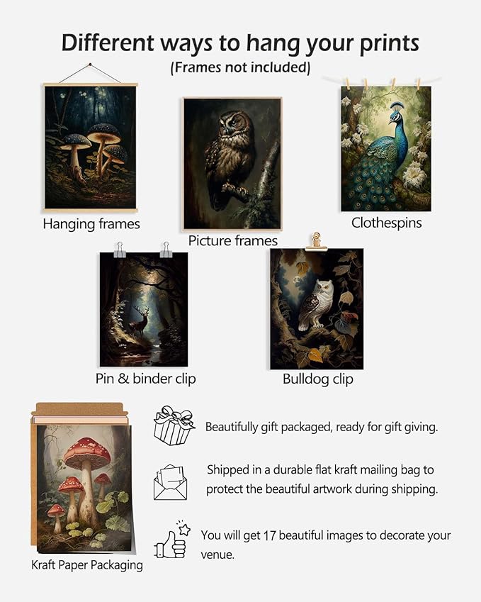 KBKBART Dark Cottagecore Room Decor Aesthetic Set of 17, Cottage Core Wall Decor, Dark Academia Cottagecore Decor Woodland Forest Nature Wall Art Prints, Vintage Mushroom Decor Poster Animal Pictures for Bedroom Dorm Wall Decor- UNFRAMED