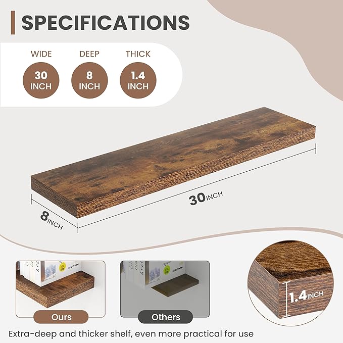 Acovy 30 Inch Floating Shelves, 8 Inch Deep Floating Shelves for Wall, Hanging Shelf with Invisible Brackets, Deep Shelves for Bathroom, Bedroom, Living Room, Brown, Set of 2