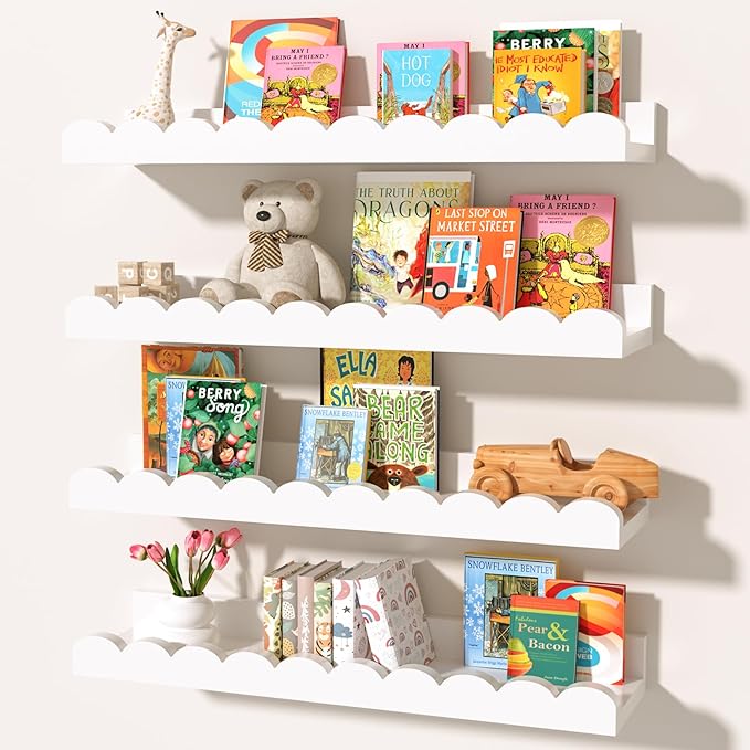 Nursery Floating Shelves for Kids Room, White Wall Shelves, 4 Pack 23.6 x 4.7 Inch Scalloped Kids Bookshelves for Toddler Bedroom, Playroom, Baby Nursery Decor