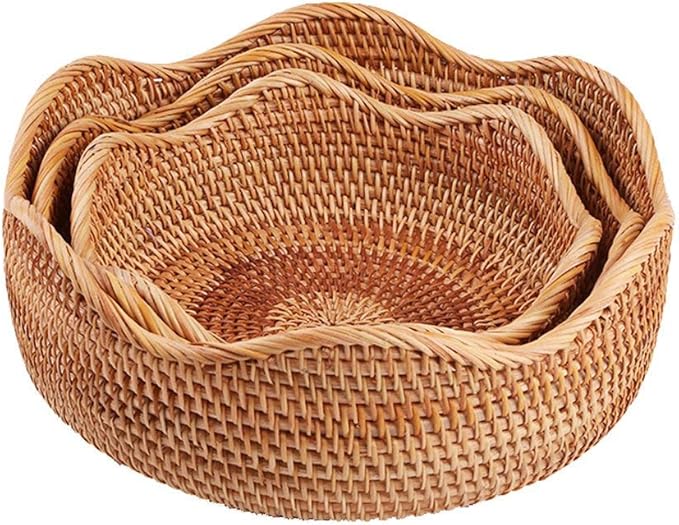 Handmade Rattan Round Fruit Basket Food Storage Organizer Snack Serving Tray Basket with 3' Deep Wall, Boho Decor Display Tray Bowl (3-Size Kit)