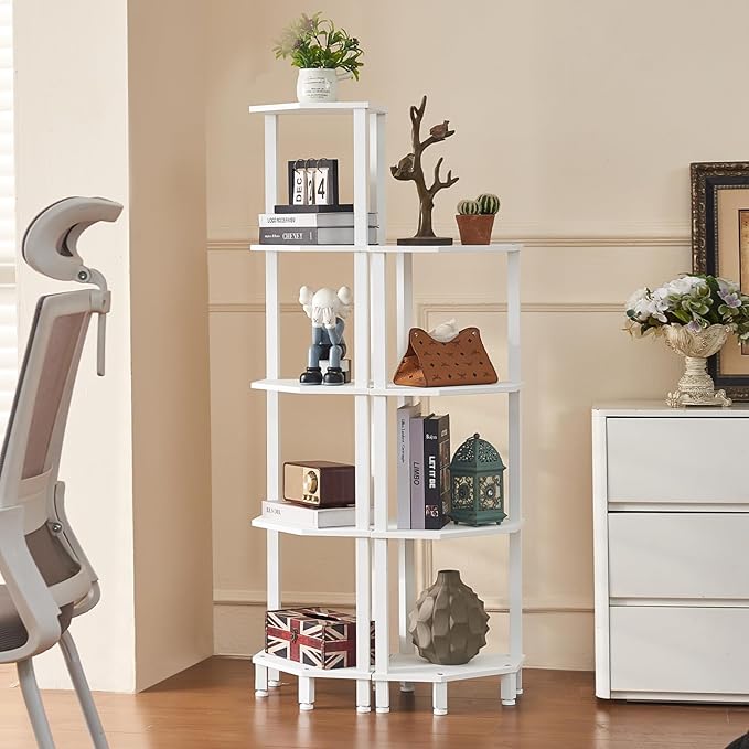 YUFAM 5-Tier Corner Shelf with Sturdy 5-Leg Base, 52in Tall Narrow Bookcase for Small Spaces, Wooden Plant Display Shelf, Thin Bookshelf for Living Room, Bedroom, Office, White