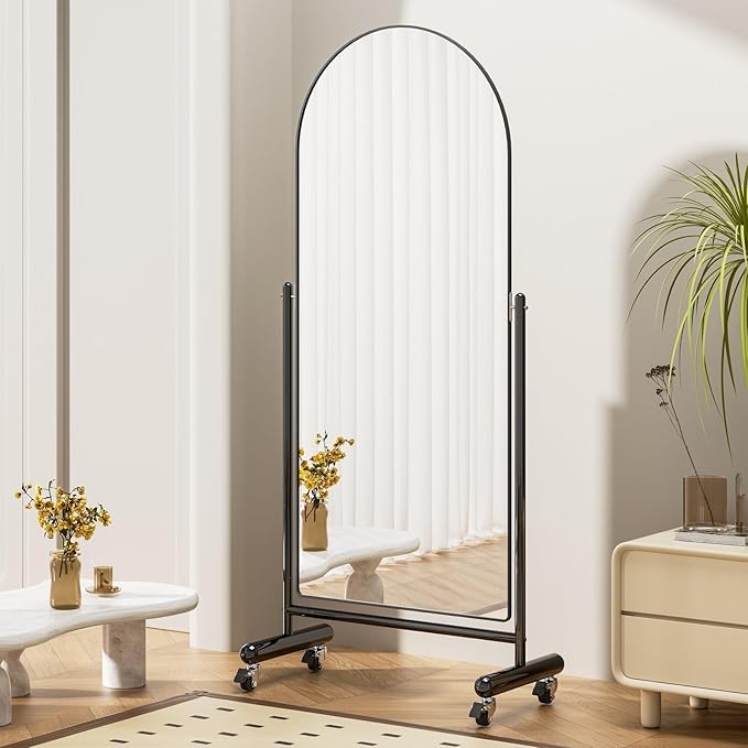 Large Arched Full Length Mirror on Wheels, Rolling Tilting Swivel Floor Mirror 65" x 23.6" with Tempered Glass and Metal Frame, Modern Dressing Mirror Body Mirror, Home Decor, Black