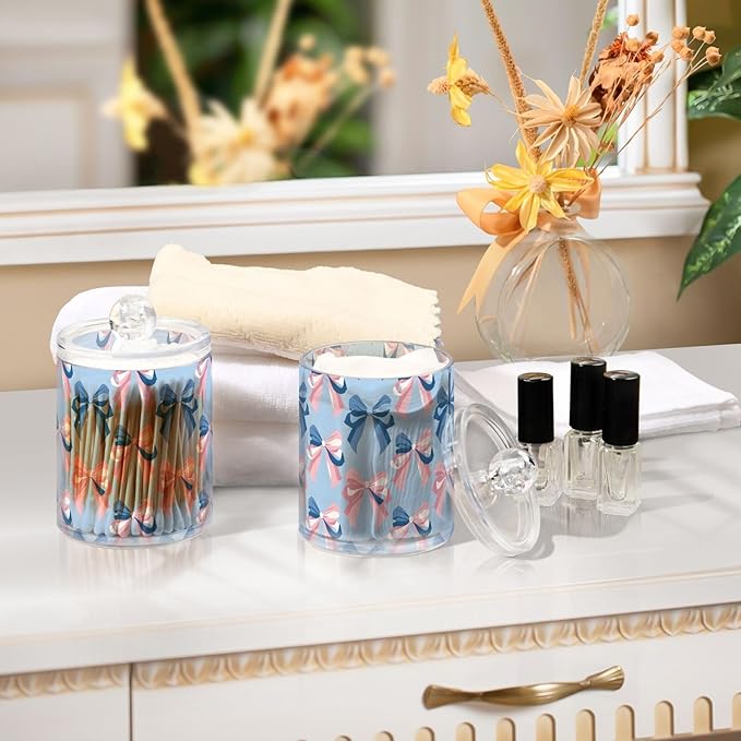 4 Pack Qtip Holder Dispenser Pink Bow Blue Pattern Cotton Ball Swab Round Pads Floss Clear Bathroom Storage Containers Plastic Apothecary Jars with Lids