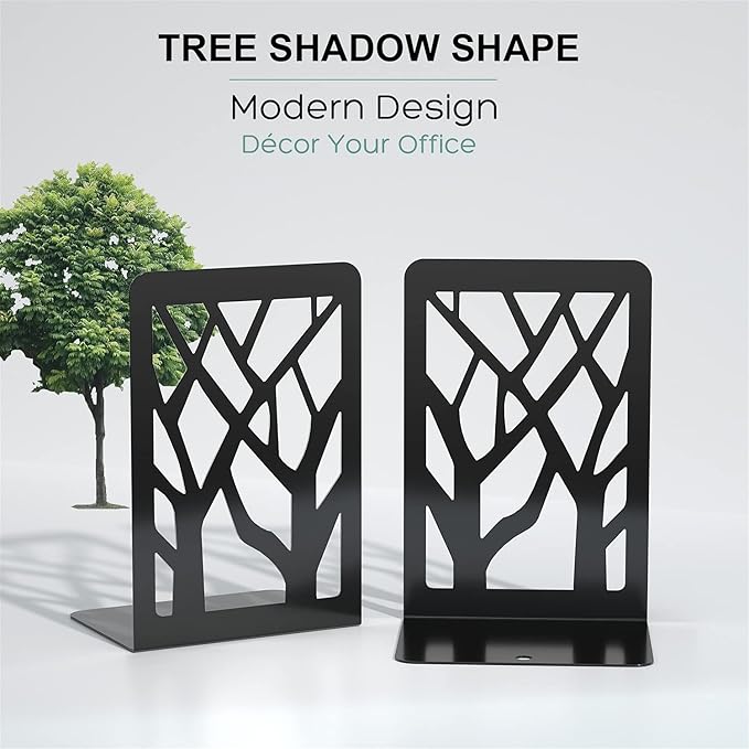 MaxGear Book Ends Tree Design Modern Bookends for Shelves, Non-Skid Bookend, Heavy Duty Metal Book Stopper for Books/CDs, Decorative Book Shelf Home, 7 x 4.7 x 3.5”, Black (6 Pair/12 Pieces, Large)