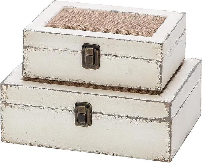 Rustic Ivory Decorative Storage Boxes with Lids Set of 2, Farmhouse Wooden Boxes for Home Decor, Keepsake Boxes Memory Gift Boxes for Living Room, Coffee Table, Entryway, Bedroom