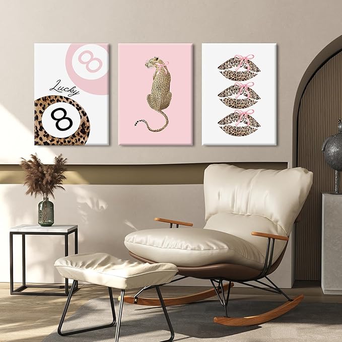Pink Leopard Wall Art Decor Cheetah Trendy Poster Preppy Aesthetic Canvas Room Decor Pictures Coquette Y2k Wall Art 8 Ball Prints Pink Fashion Bow Artwork for Girls Bedroom 12x16x3 Inch Wrapped Canvas