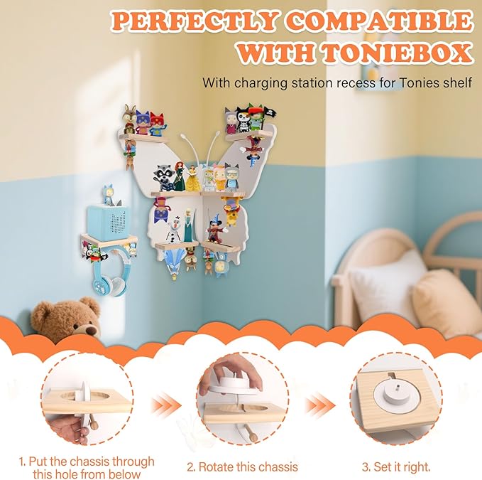 90°Butterfly for Tonies Box 1/2 Tonies Figures Organizer Storage Shelf Corner Wall Mounted, Magnetic Display Collection 30~40 Characters Floating Shelves Storage Player, Earphones