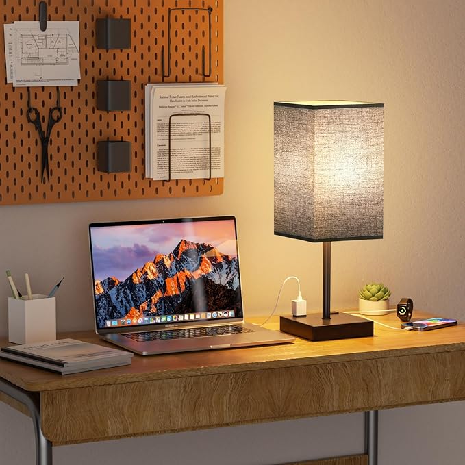 PLUS Black Bedside Lamp for Nightstand - Touch Table Lamp With Type C + A and AC Outlet, Square Charging Lamps For Bedroom Decor, Small Night Light For Office, Dorm Lamp For Men, E26 Bulb Included