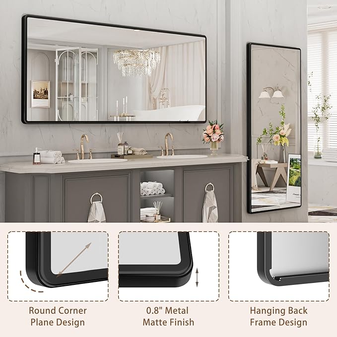 pertetey New Upgrade Bathroom Mirror, 72X32 Inch Black Metal Frame Wall Mounted Rounded Rectangle Bathroom Vanity Mirror with Tempered Glass for Washroom Bedroom Living Room