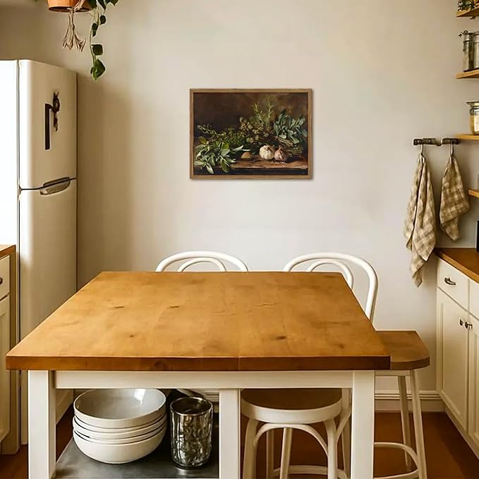 Framed Vintage Kitchen Wall Art, Rustic Garlic and Herbs Pictures Wall Decor Paintings, Farmhouse Cottagecore Canvas Prints Artwork for Home Dining Room Living Room 12x16 inch
