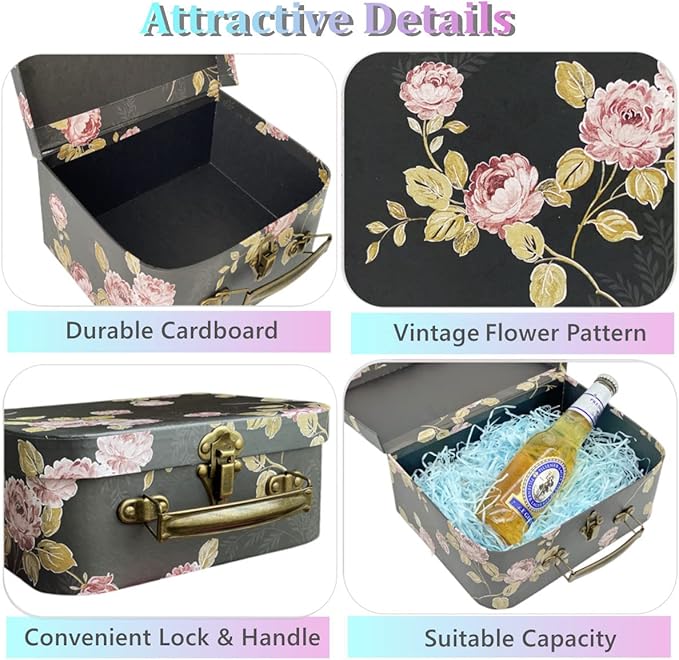 Decorative Boxes Set of 3 Decorative Storage Boxes With Lids, Cardboard box, Vintage Suitcase for Home Decoration, Photo Storage, Hat Boxes (Black Flowers)