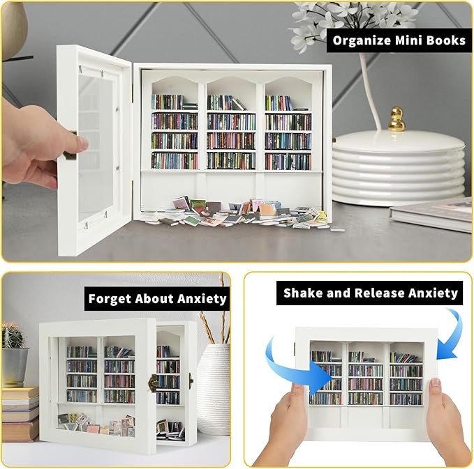Anxiety Bookshelf - Shake Off Your Anxiety,Miniature Display Shelf,Contains 200 Miniature Book Models,Antique Style Gift Decoration Mini Bookshelf (White)