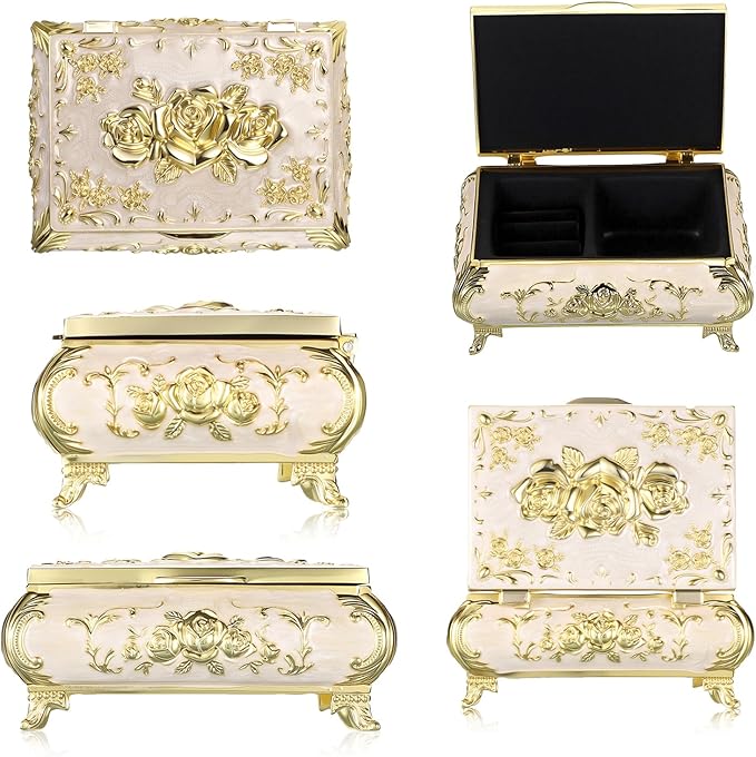 Hipiwe Vintage Jewelry Box Metal Trinket Chest Treasure Display Case for Rings Earrings Organizer Rectangular Decorative Keepsake Storage Box, Small