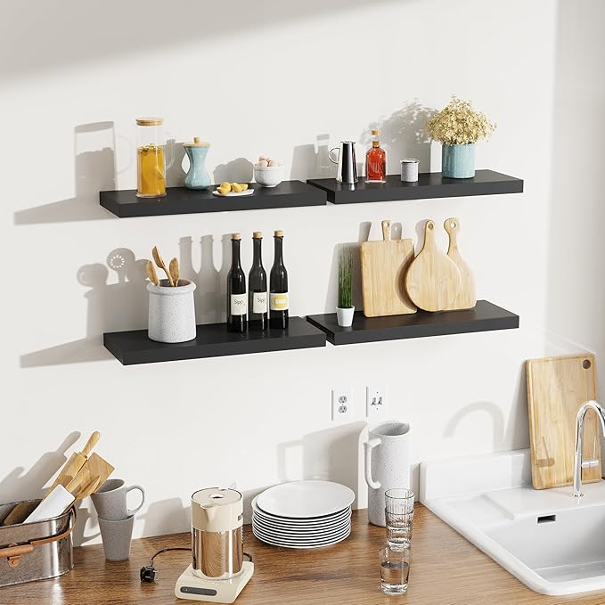 Bellsal Floating Shelves for Wall, Black Engineered Wood Wall Shelf Set of 4, 16" Walls Mounted Floating Shelf for Kitchen, Living Room, Bedroom, Bathroom Storage, Book Shelf for Home Decor