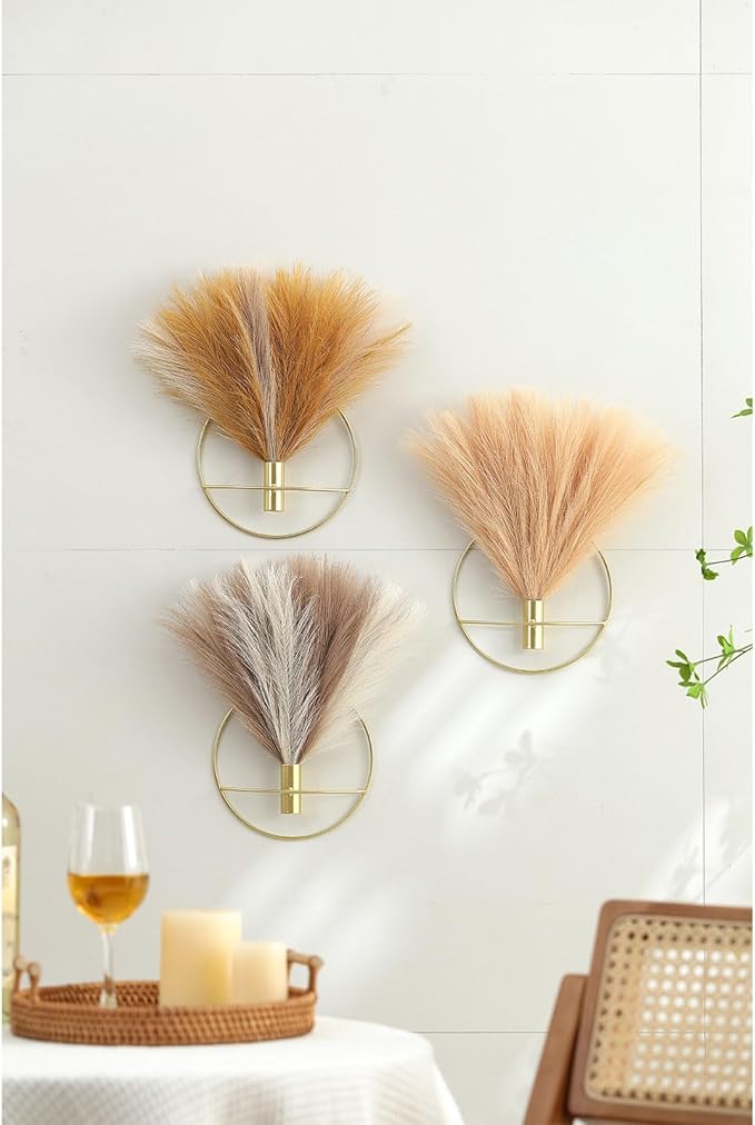 Pretty Jolly Boho Wall Art, Hanging Artificial Pampas Display, 2 Pack - Turmeric, Light Coffee, Gold - Living Room, Bedroom, Bathroom, Dining Room