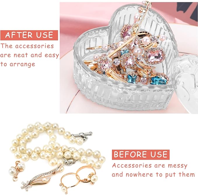 Glass Jewelry Box Heart Shape Cute Box for Storage Ring Earring Trinket Vintage Jewelry Organizer Decorative Gift for Women Girls-GRB003-Transparent