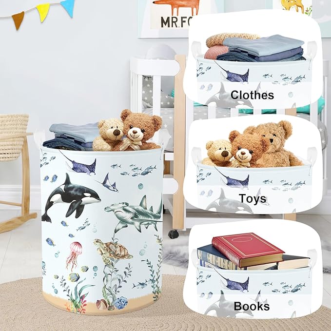 Ocean Animals Baby Laundry Hamper Collapsible Clothes Kids Storage Basket Large Boys Girls Gift Toy Box Bin for Nursery Room, Blue Shark, 63L