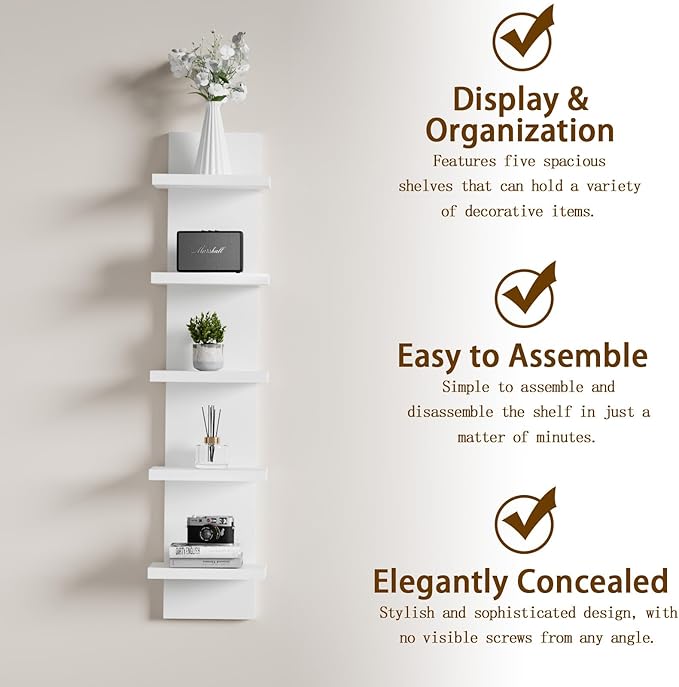 5 Tier Wall Shelves White, Vertical Column Shelf Floating Storage Home Decor Organizer Tall Tower Design Utility Shelving for Bedroom Living Room
