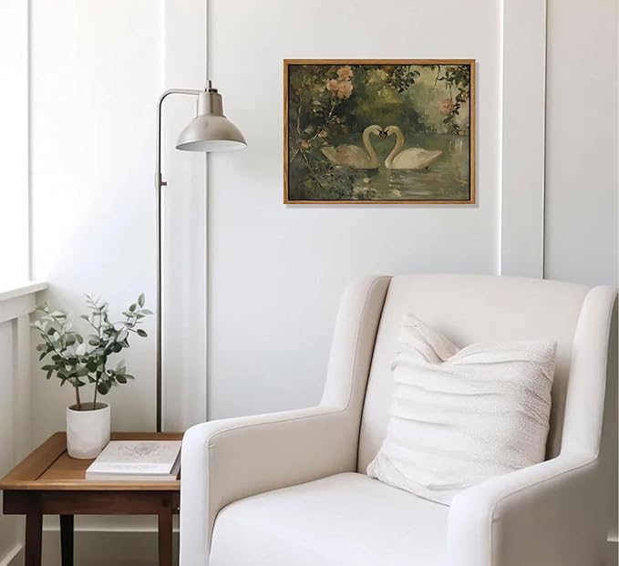 Framed Vintage Canvas Swan wall art Sage Green Print Antique Couple Swan Oil Painting Elegant Animal Pictures Wall Decor Farmhouse Aesthetic Wall Decor for Living Room Bedroom Farmhouse Home