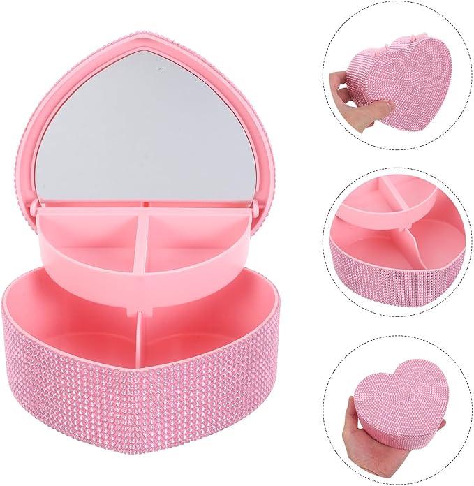 NOLITOY Heart Shaped Jewelry Box Double Layer Rhinestone Pink Jewelry Organizer with Mirror for Earrings Rings Bracelets Makeup Storage for Women
