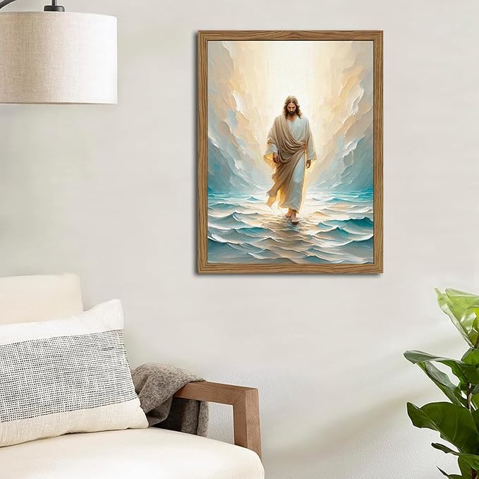 Framed 3D Textured Jesus Walking On Water Wall Art, Hand Drawn Sandstone Christian Wall Decor Painting Religious Savior Pictures for Living Prayer Room Bedroom 12x16 in Wood Framed