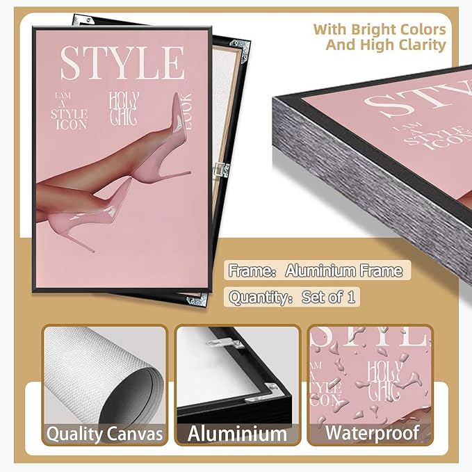 Trendy Pink Heels Poster High Heel News Headline Canvas Wall Art I Am A Style Icon Magazine Cover Aesthetic Prints Painting For Living Room Bedroom Apartment Wall Decor 16x24in Framed