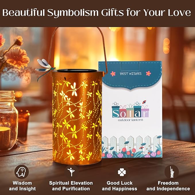 DIBIEECN Mothers Day Gifts for Mom, Birthday Gifts Grandma Ladies Solar Lanterns Outdoor Hanging Hollowed-Out Metal Waterproof LED Garden Decor Outside for Patio Yard Porch, Dragonfly, 1 Pack