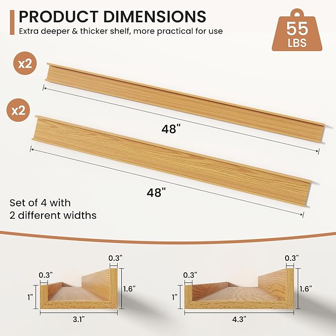 Fun Memories Picture Ledge Shelves Set of 4, 48 Inch Rustic Wall Mounted Floating Shelves with Lip for Home Storage and Décor in Bathroom, Kitchen, Nursery, Bedroom, Living Room, Oak