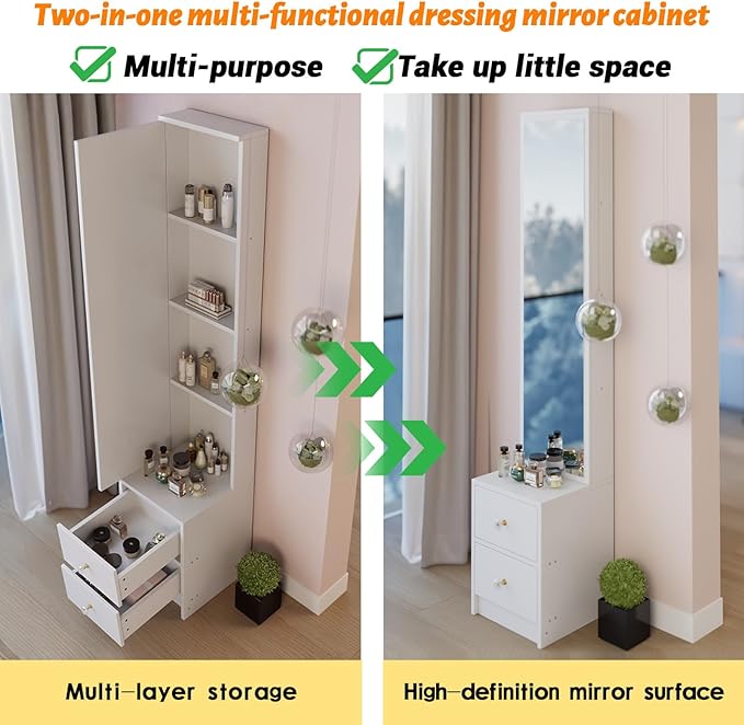 anwickjeff Full-Length Mirror with Storage, Standing Nightstand Mirror Cabinet with 2 Drawers & 4 Shelves, Makeup Storage Organizer, Gift for Women Girls (White)