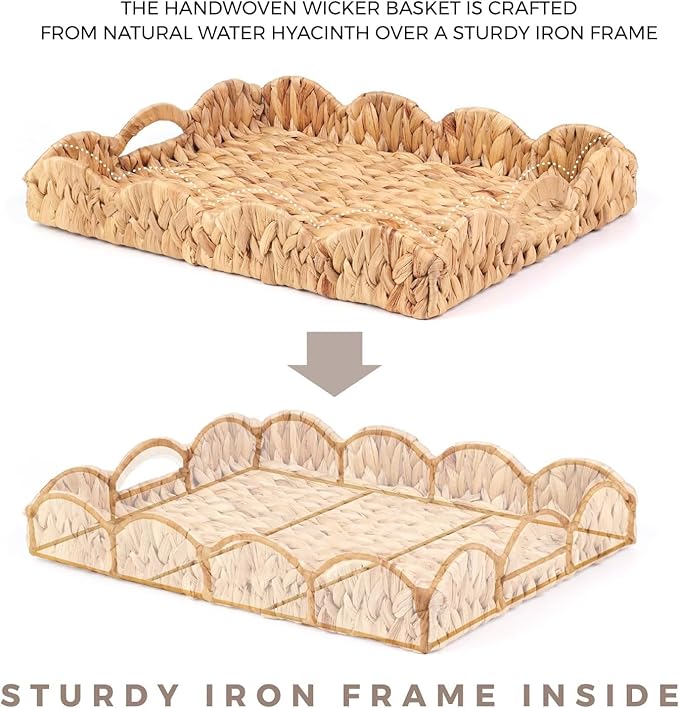Scalloped Water Hyacinth Tray, Hand-Woven Wicker Storage Baskets with Scalloped Edge and Handles (17x13x3 inch) Rectangular Handwoven Trays, Water Hyacinth Basket, 2 Pack (Light Brown)