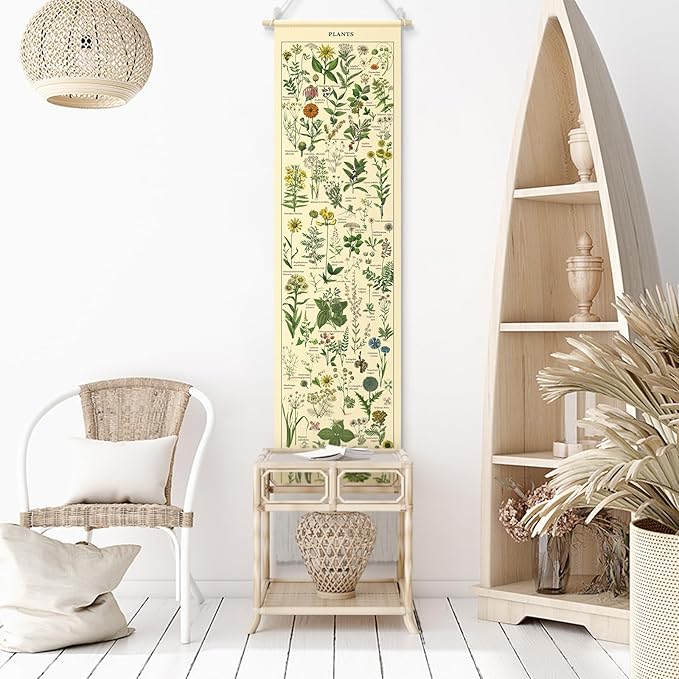 Tegeme Vintage Tapestry 52 x 13 Inch, Long Vertical Wall Hanging Reference Illustrative Botanical Tassel Tapestry for Bedroom Living Room Home Decoration(Plants)