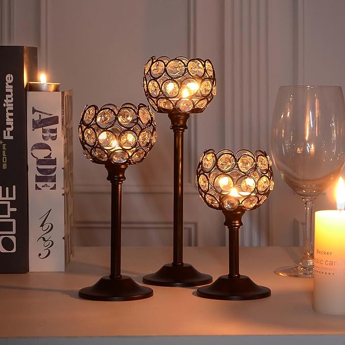 Set of 3 Balck Crystal Metal Tealight Candlestick, Bling Bowl Candelabras, Tall Votive Candle Holders Elegant Candle Centerpiece for Dining Table Wedding Decor
