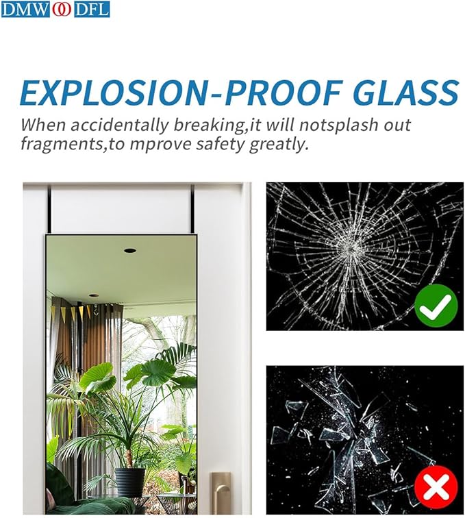 DMWOODFL 48"x14" Over The Door Full Length Mirror - Wall Mounted or Hanging with 2 Metal Hooks, Space-Saving Black Mirror for Bedroom, Bathroom, Living Room Decor