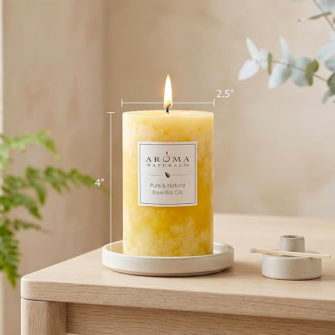 Aroma Naturals Essential Oil Orange and Lemongrass Scented Pillar Candle, Ambiance, 2.5 inch x 4 inch, Yellow