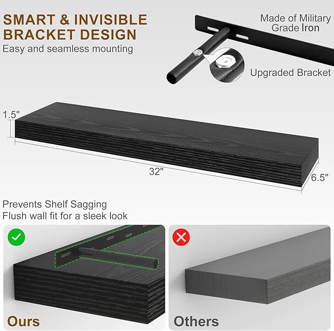 Fun Memories Floating Shelves for Wall, 32Inch Floating Shelves Set of 2, Hanging Shelf with Invisible Brackets, Wood Shelves for Living Room, Bedroom, Kitchen, Black