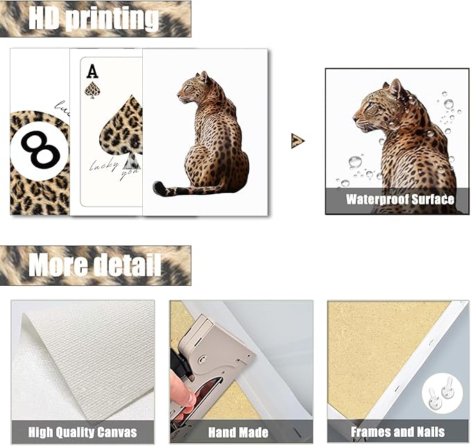 Trendy Leopard Canvas Wall Art Set of 3 - Cheetah Prints Wall Decor Pictures, Funky Lucky You 8 Ball Poster Preppy Aesthetic Paintings, for Girls Bedroom Dorm Apartment 12x16 inch Framed